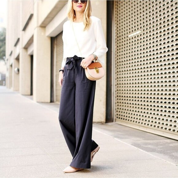 Olivia Polermo Chelsea28 Womens Navy Belted Wide Leg Wool Blend Palazzo Pants 0 - Picture 1 of 9